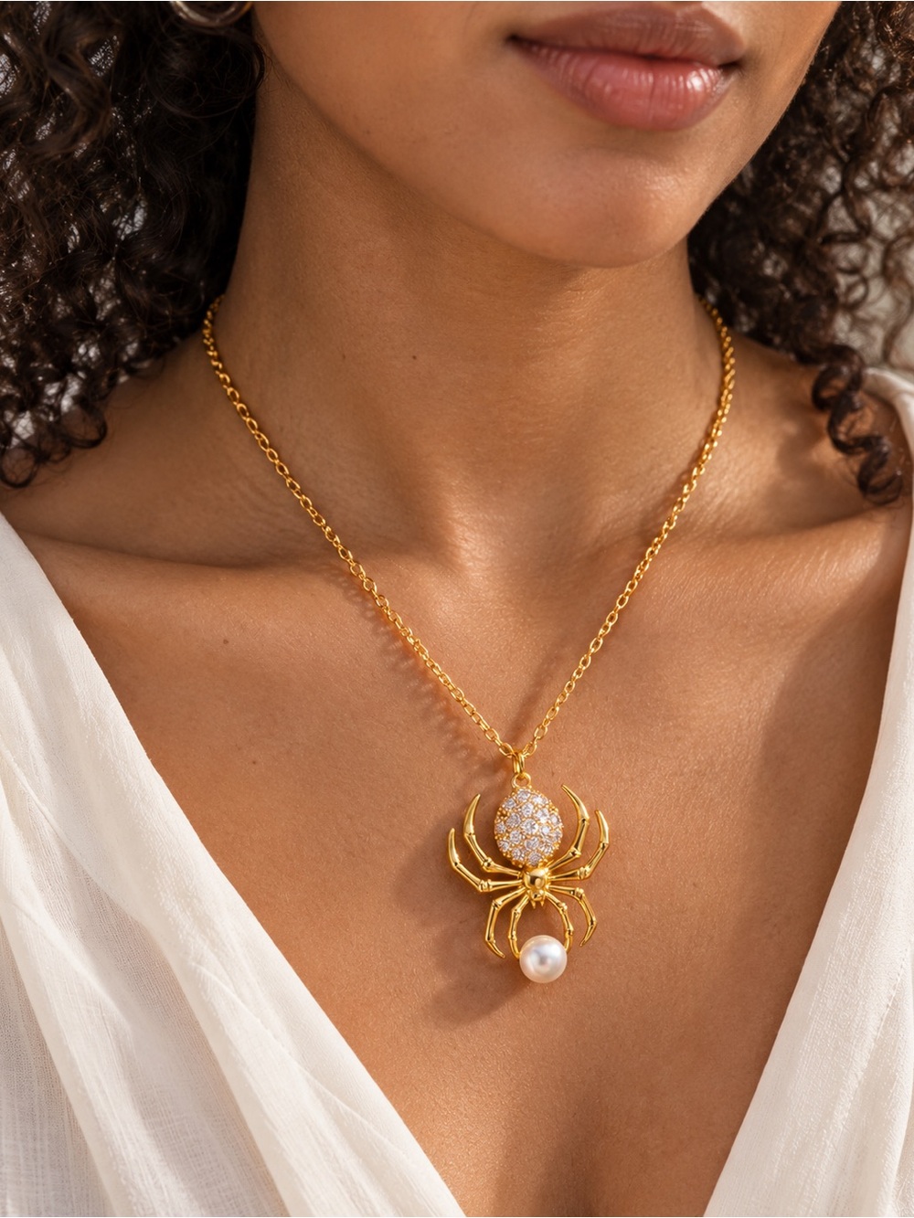 Gold Spider Pearl Pendant Necklace